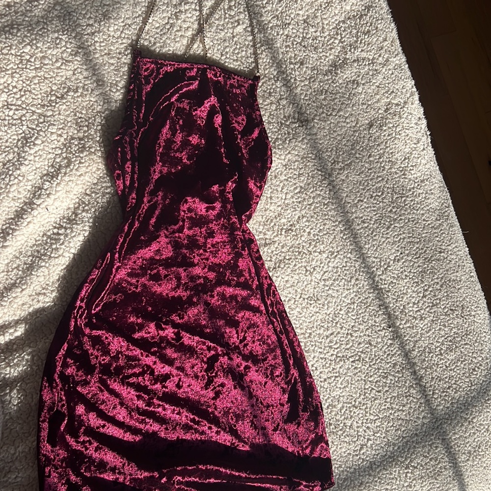 Short Backless Maroon Mini Dress. Diamond Strap